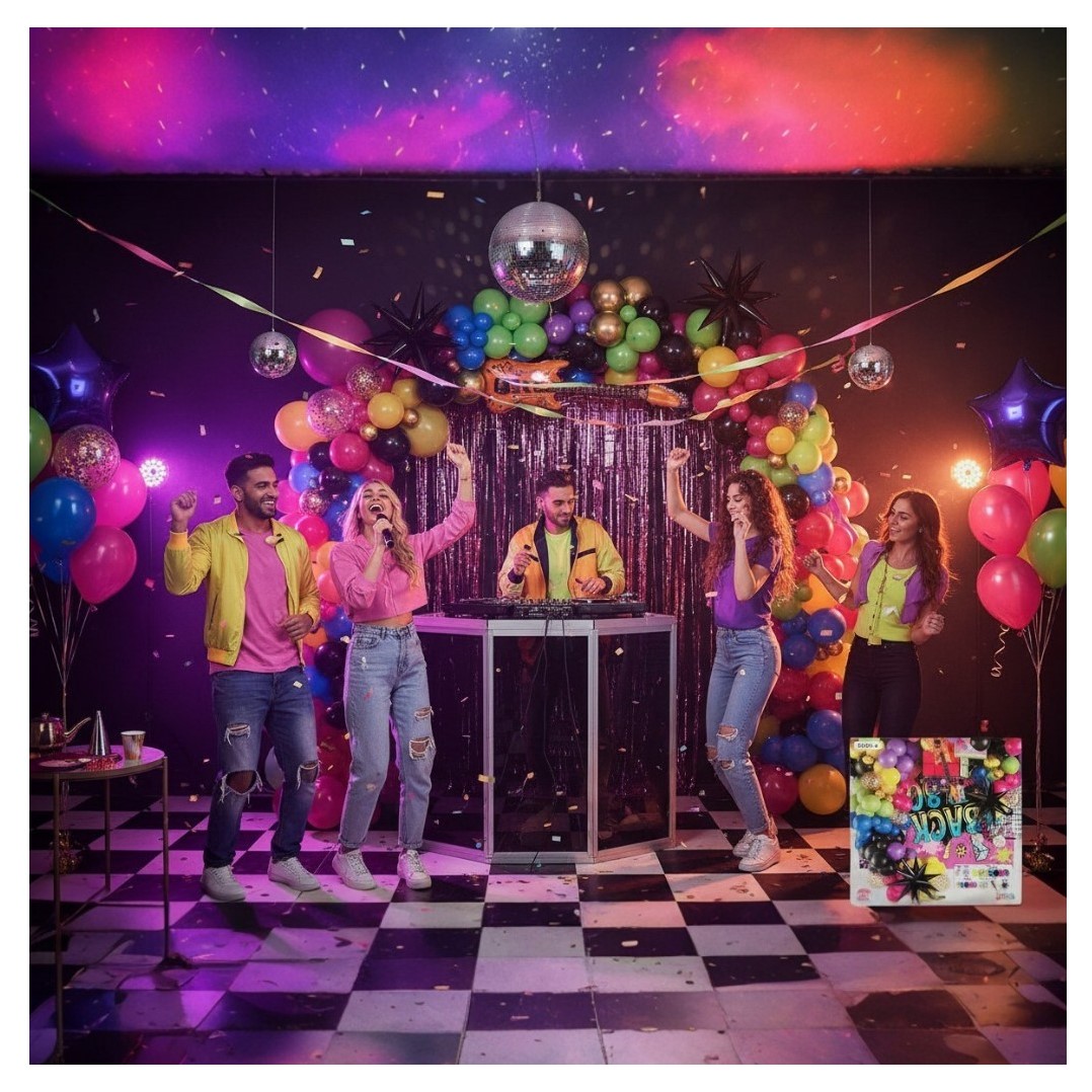 80's Themed Balloon Pack - Neons, Star and Guitar Foils, Confetti Balloons - 6