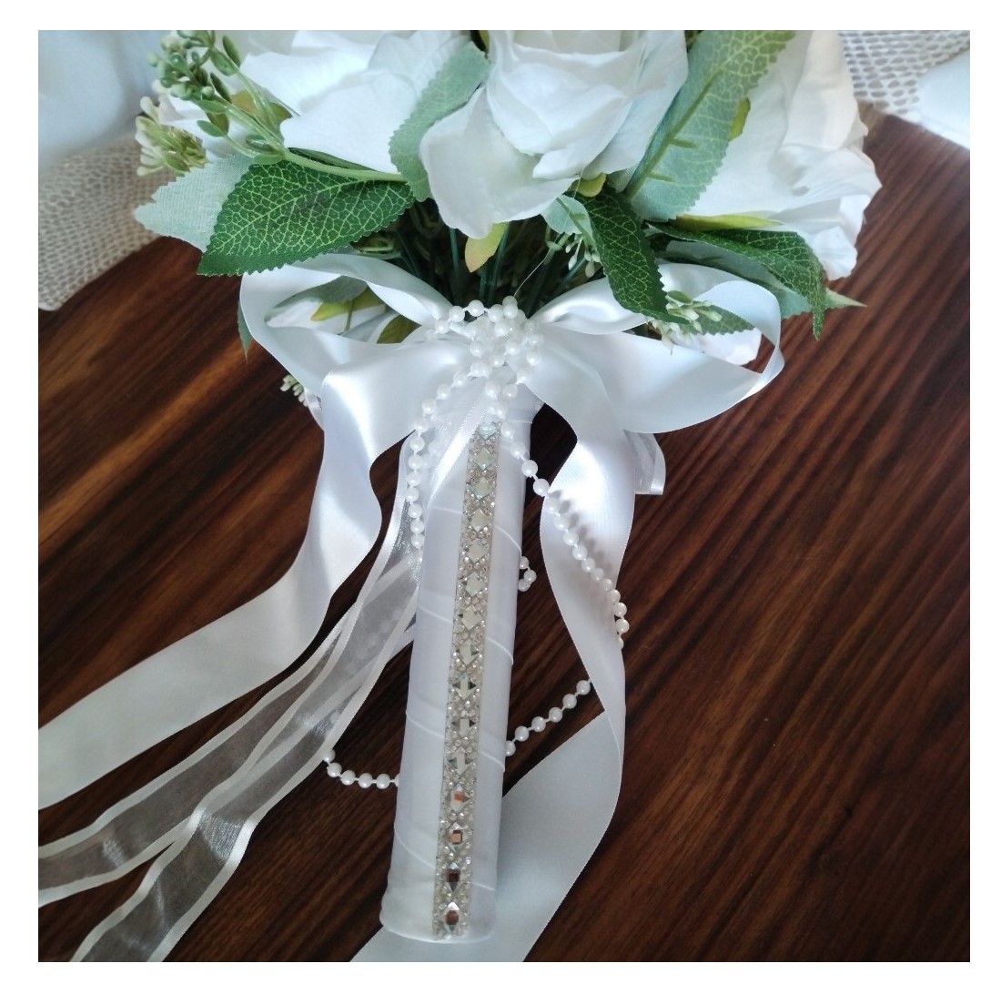 Eternal Elegance Silk Rose Bridal Bouquet — Pearls & Rhinestones - 7