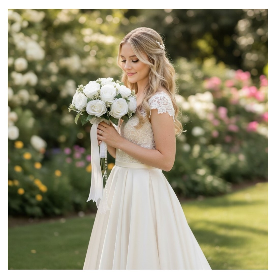 Eternal Elegance Silk Rose Bridal Bouquet — Pearls & Rhinestones - 9