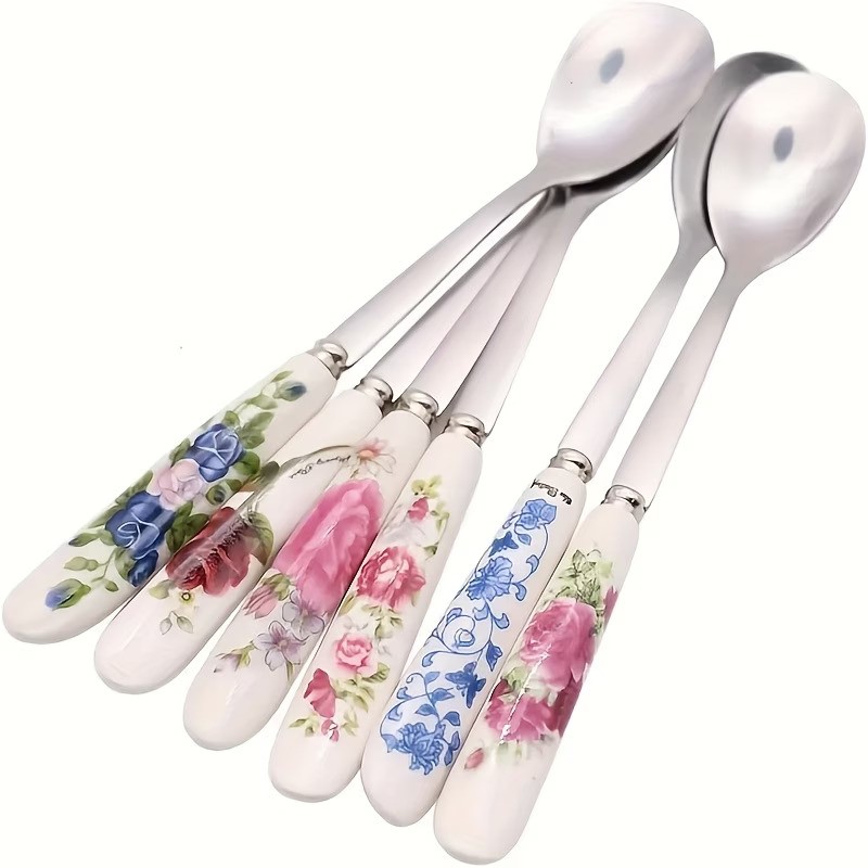 6-Piece Stainless Steel Coffee / Tea Spoons with Floral Ceramic Handles - 2